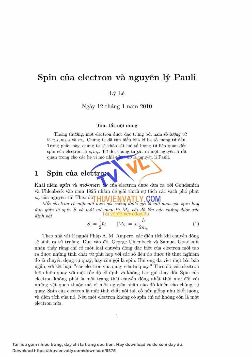 Spin electron và Nguyên lí loại trừ Pauli
