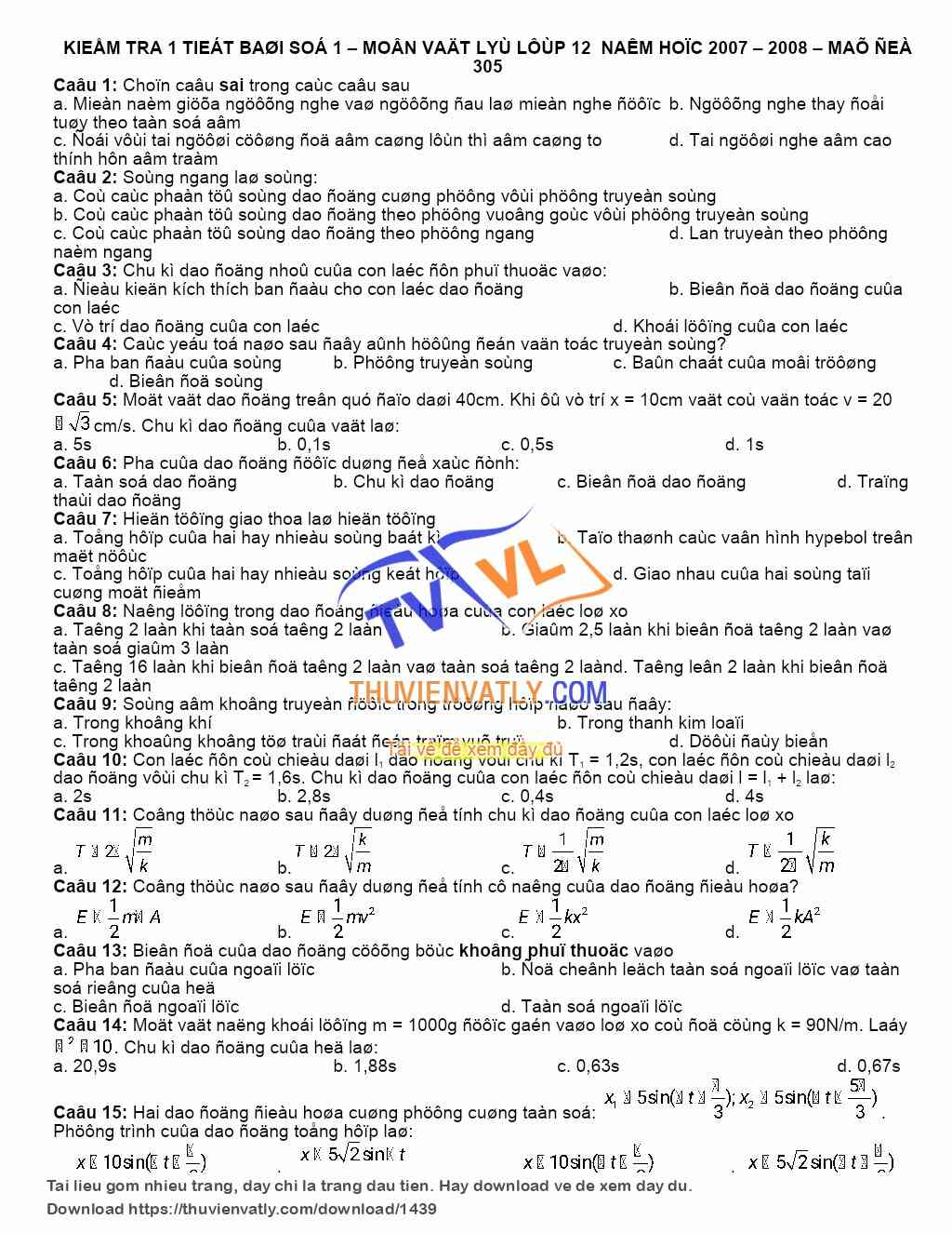 Đề kiểm tra 1 tiết Vật lý lớp 12 - Bài số 1 học kì 1