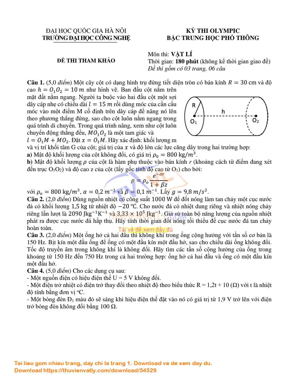 Đề thi HSG tham khảo môn Vật lý-kỳ thi Olympic bậc THPT Đại học Quốc gia Hà Nội năm học 2024-2025