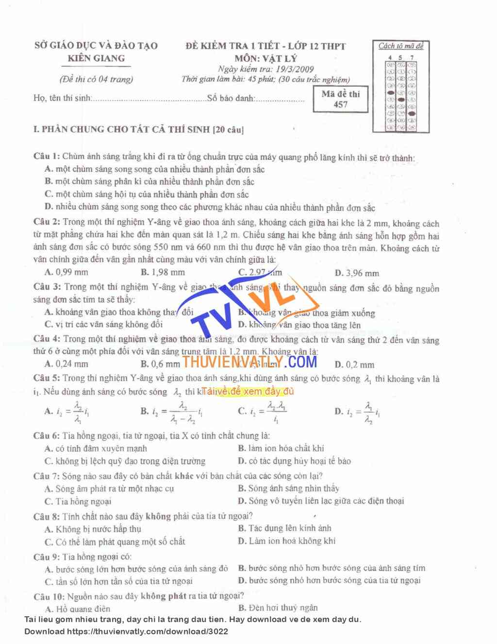 Kiểm tra 1 tiết Lý 12 HK 2 - Sở GD&ĐT Kiên Giang