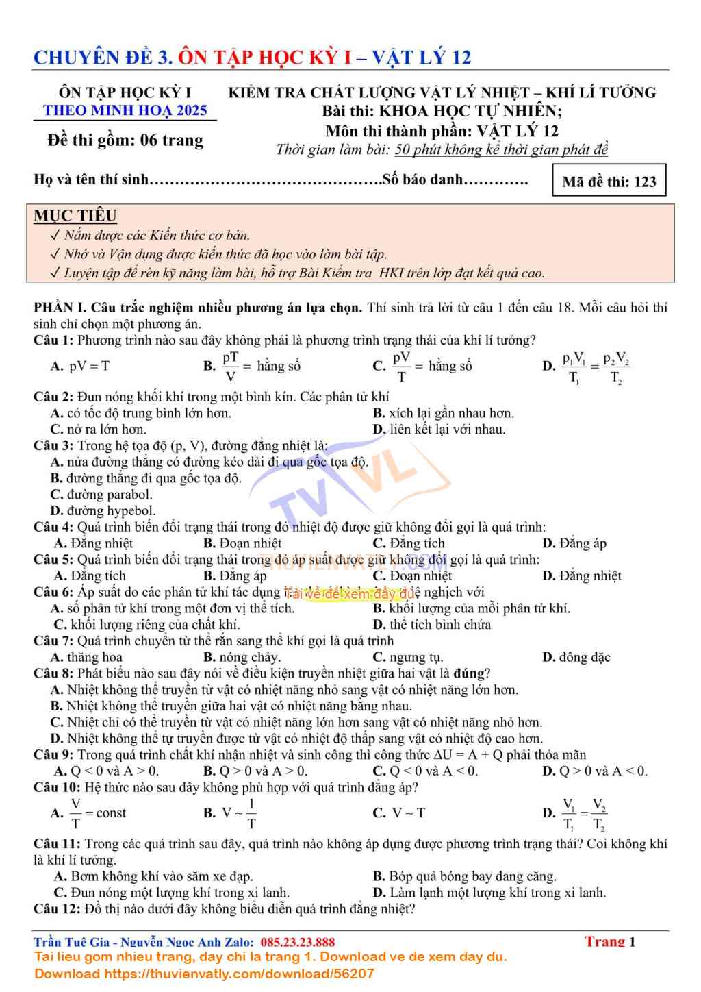 Bài Kiểm Tra Học kỳ 1 Vật lý 12 lần 09 - Theo Minh hoạ Của Bộ Giáo dục và Đào tạo