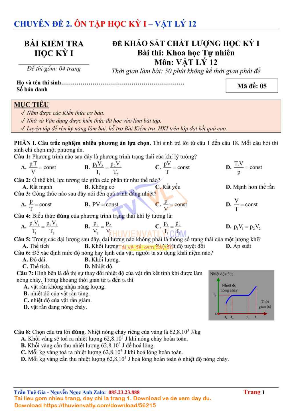 Bài Kiểm Tra Học kỳ 1 Vật lý 12 lần 10 - Theo Minh hoạ Của Bộ Giáo dục và Đào tạo