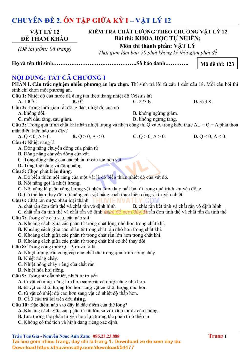 Kiểm tra Chất lượng theo Chương  - Vật lý nhiệt - Vật lý 12 Kết nối Tri thức với Cuộc sống lần 6