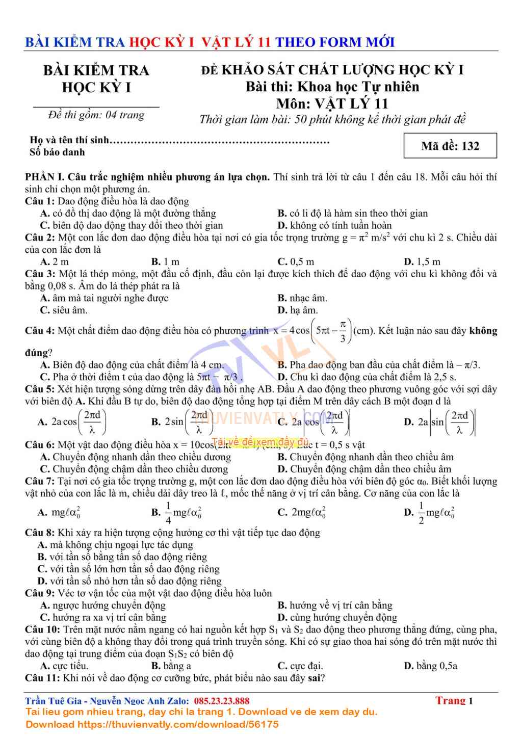 Bài Kiểm Tra Học Kỳ 1 Vật lý 11 lần 03 - Theo Minh hoạ Của Bộ Giáo dục và Đào tạo