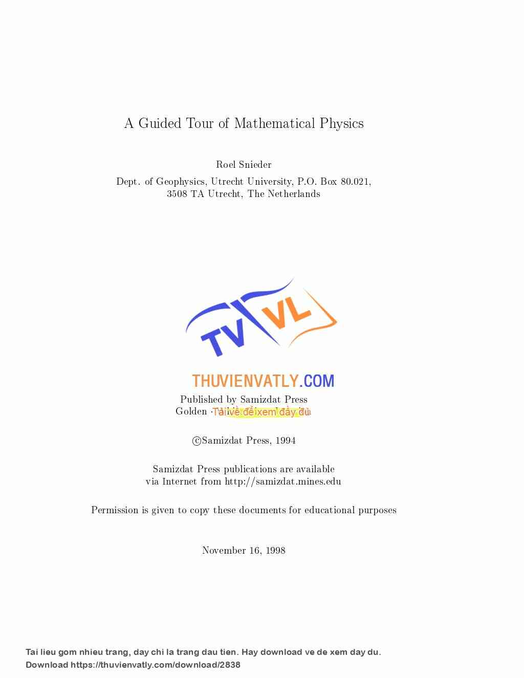 A Guided Tour of Mathematical Physics (Roel Snieder)