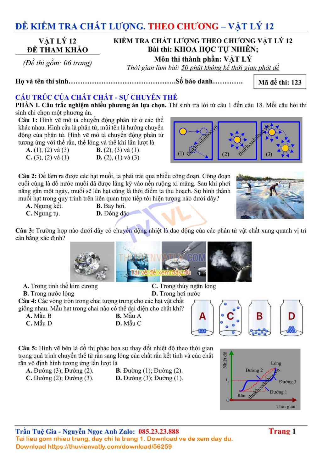 Đề Khảo sát Chất lượng Cấu tạo của Chất - Sự chuyển thể  - Vật lý 12 - Chương I. Vật lý nhiệt 