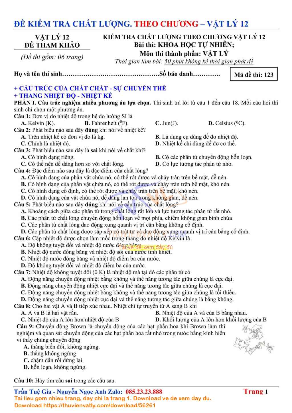 Đề Khảo sát Chất lượng (Cấu tạo của Chất - Sự chuyển thể  + Thang nhiệt độ - Nhiệt kế) - Vật lý 12 - Chương I. Vật lý nhiệt 