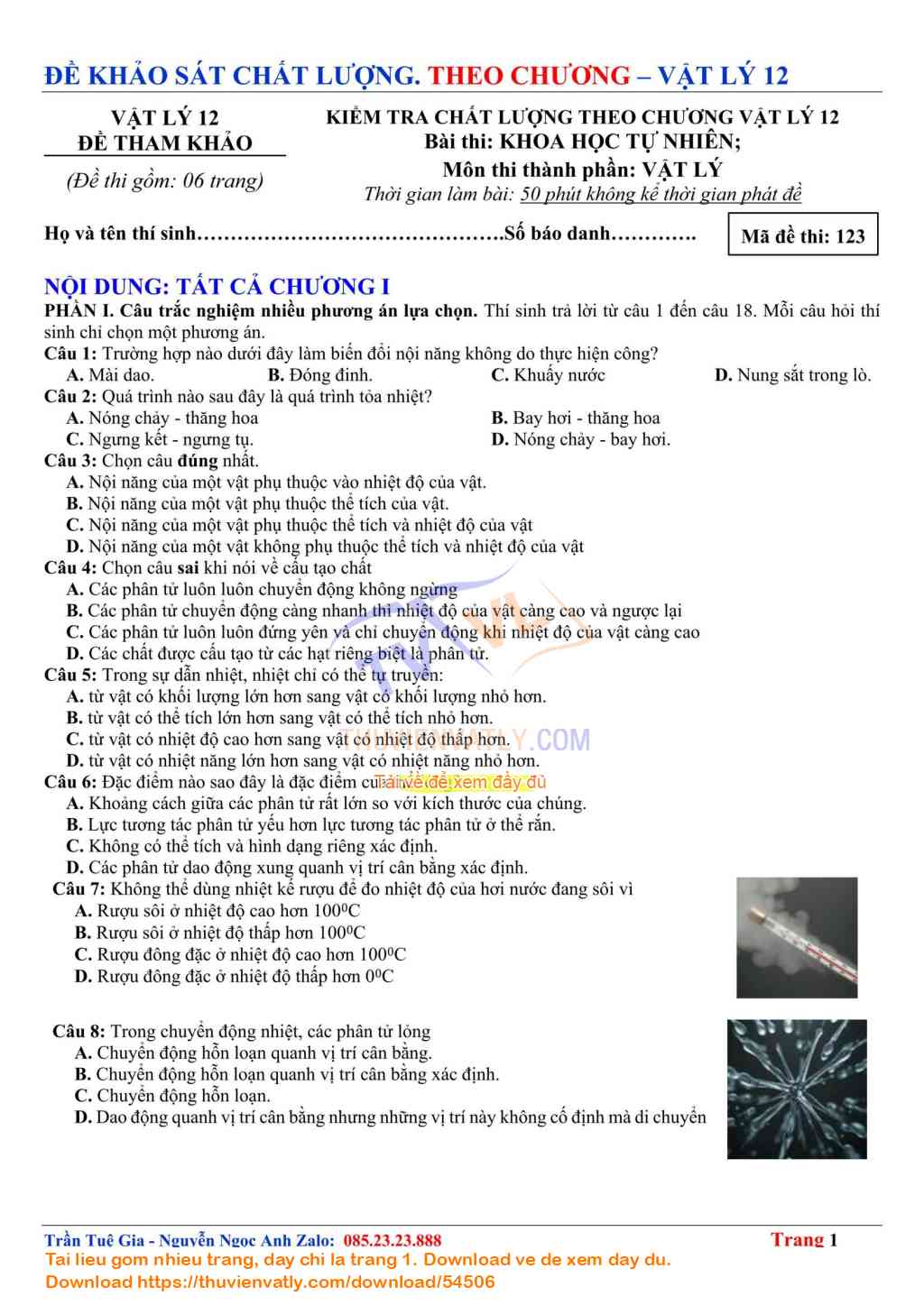 Kiểm tra Chất lượng theo Chương - Vật lý nhiệt - Vật lý 12 Kết nối Tri thức với Cuộc sống lần 7