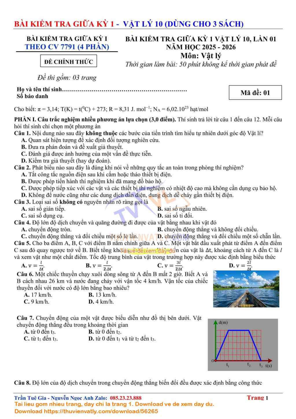Bộ Đề Kiểm Tra Giữa Học Kỳ I - Vật lý 10 - Theo CV7791 (Có tự luận)