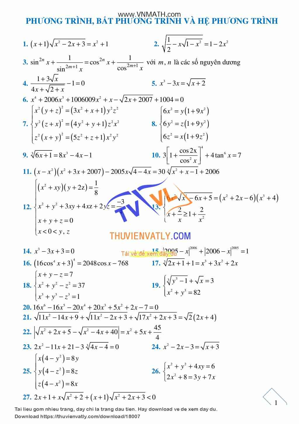 Tài liệu môn Toán Phương trình vô tỷ - hệ phương trình