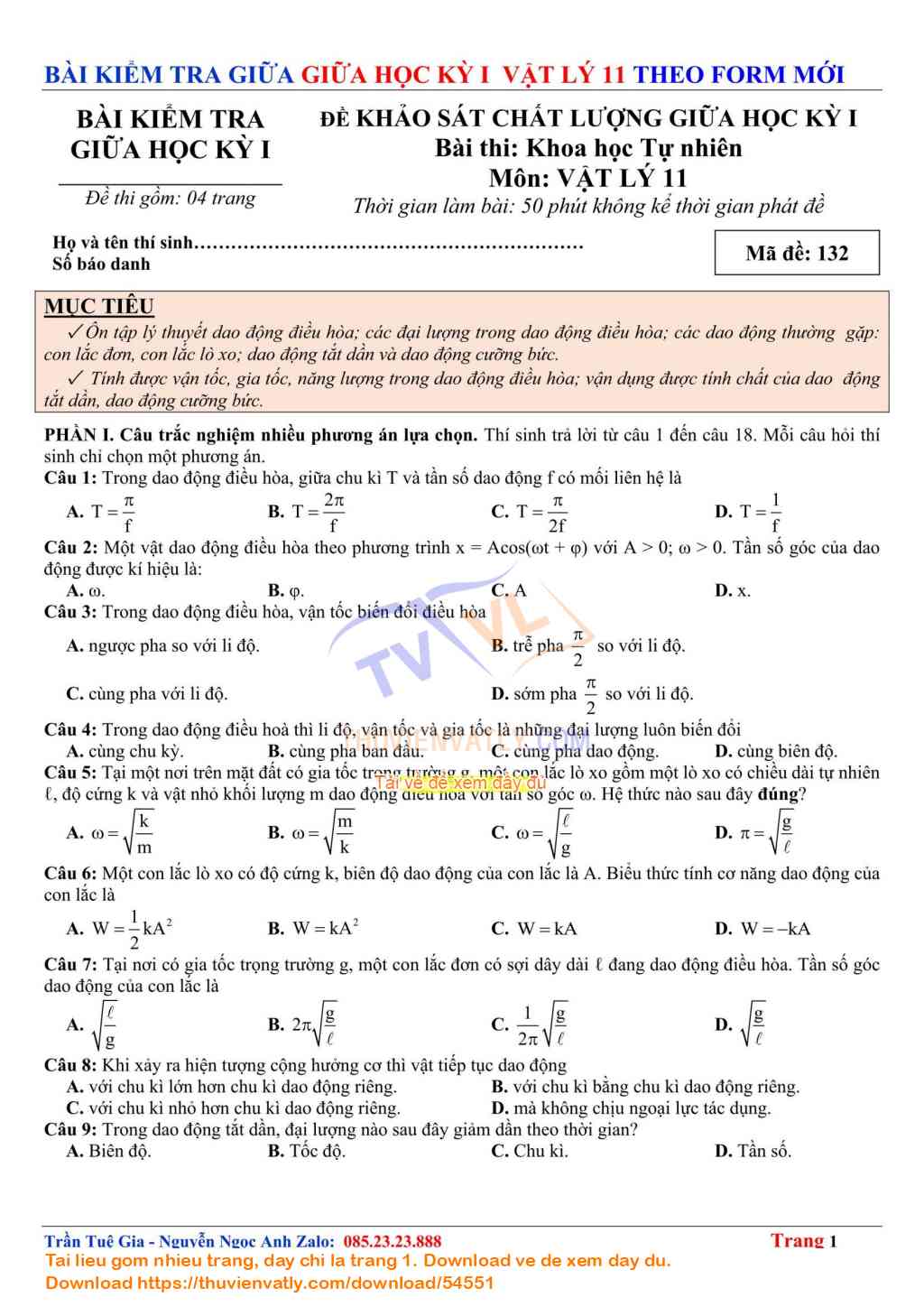 Bài Kiểm Tra Giữa Kỳ 1 Vật lý 11 lần 2 - Theo Minh hoạ Của Bộ Giáo dục và Đào tạo