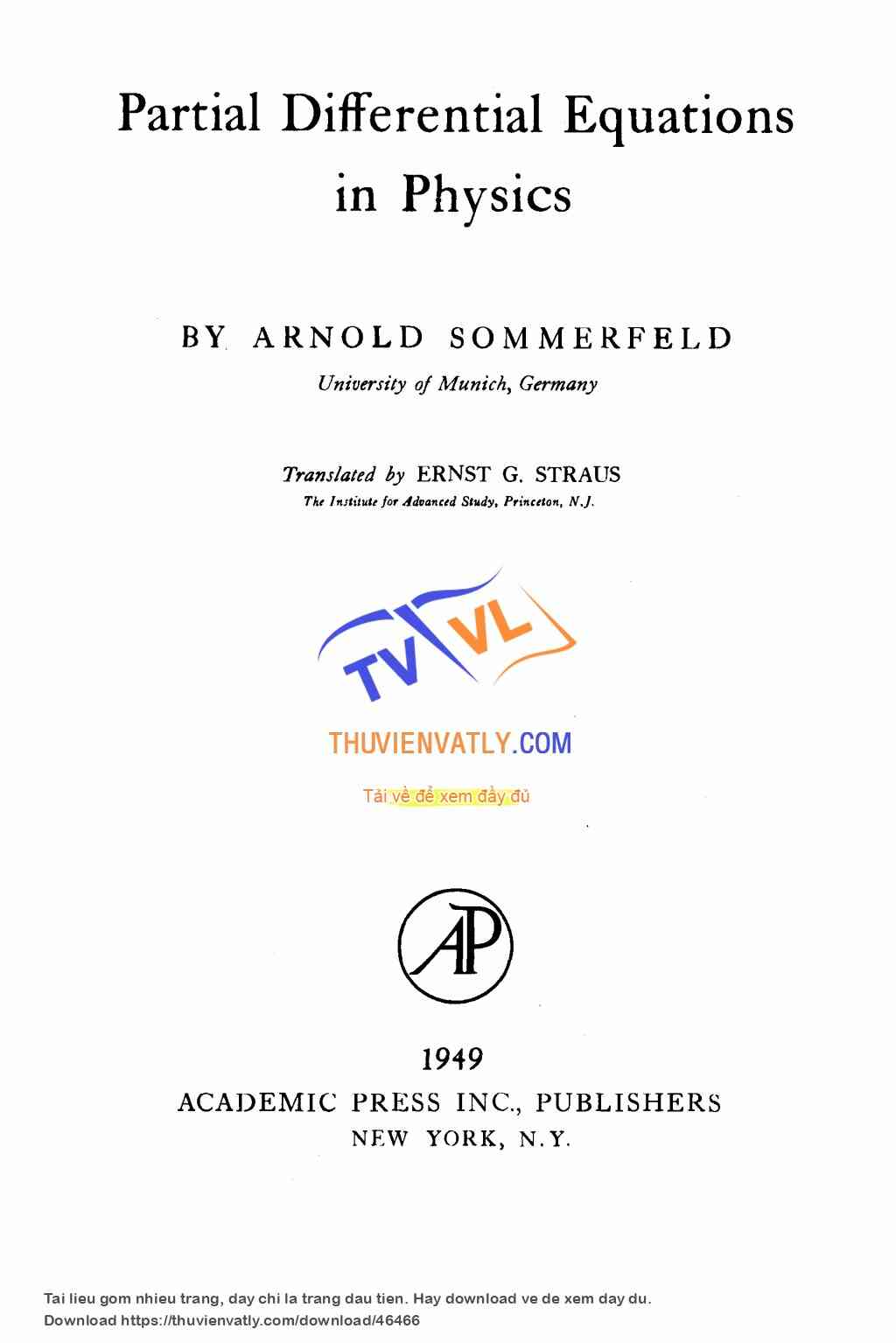 Partial Differential Equations in Physics -  Arnold Sommerfeld