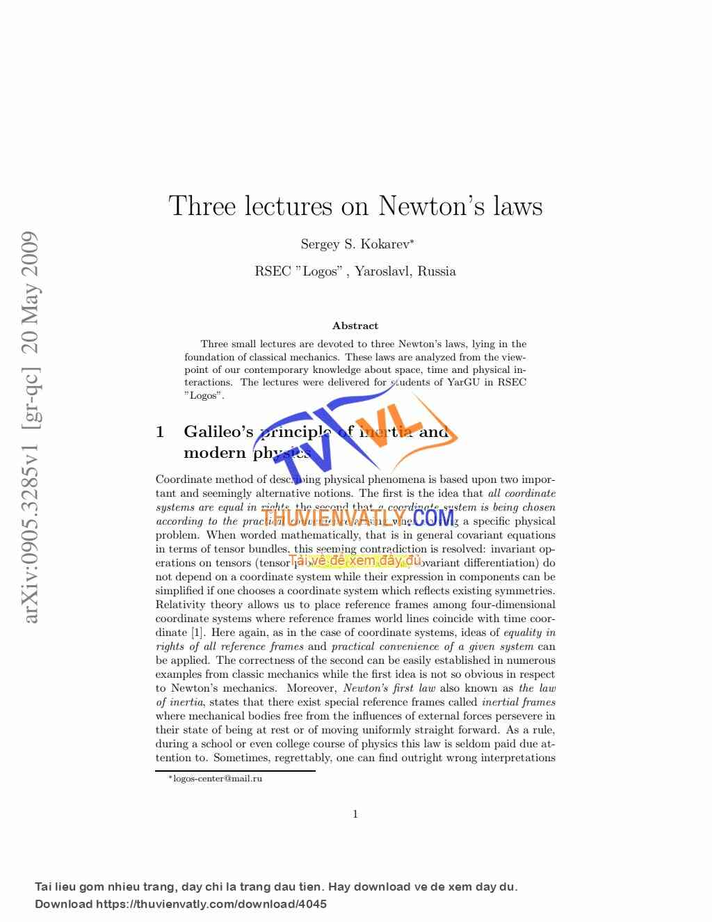 Three lectures on Newton's laws