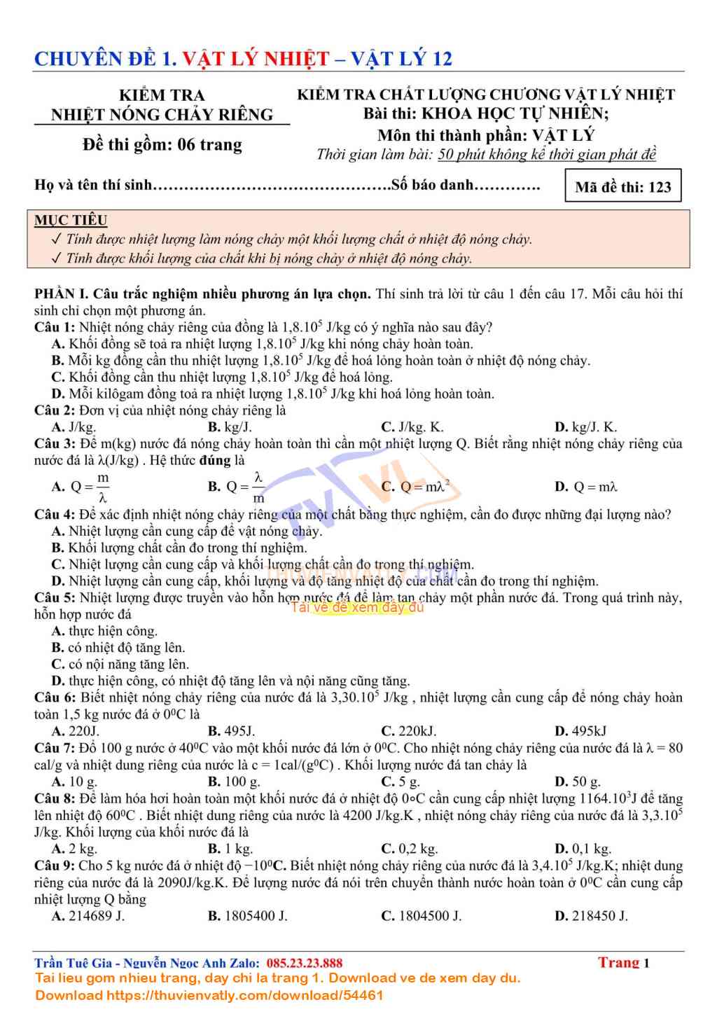 Kiểm tra Chất lượng Nhiệt nóng chảy riêng - Chương Vật lý nhiệt - Kết nối Tri thức Vật lý 12