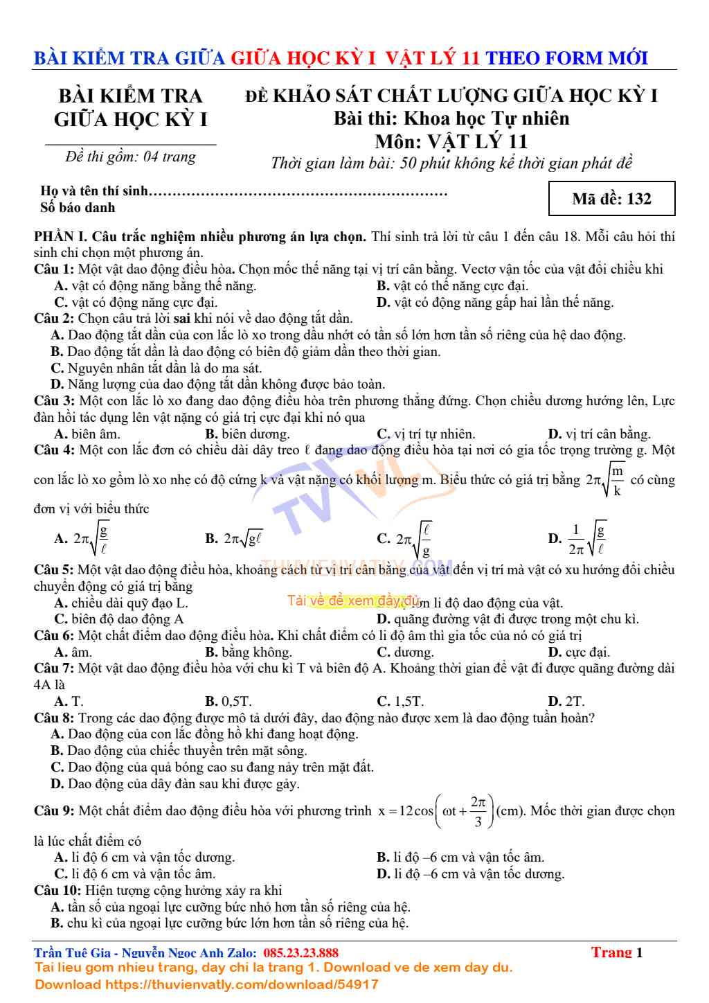 Bài Kiểm Tra Giữa Kỳ 1 Vật lý 11 lần 8 - Theo Minh hoạ Của Bộ Giáo dục và Đào tạo