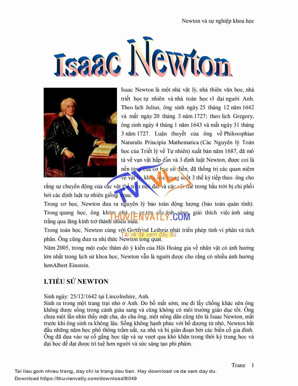 Isaac Newton và sự nghiệp khoa học