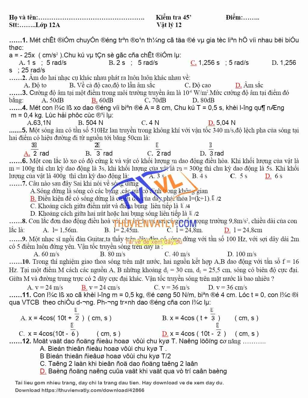 Bài kiểm tra vật lý lớp 12 chương I+II