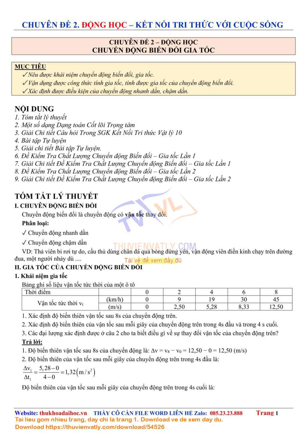 Chuyển động Biến đổi Gia tốc Cốt lõi Trọng tâm - Vật lý 10 - Kết Nối Tri thức và Cuộc sống