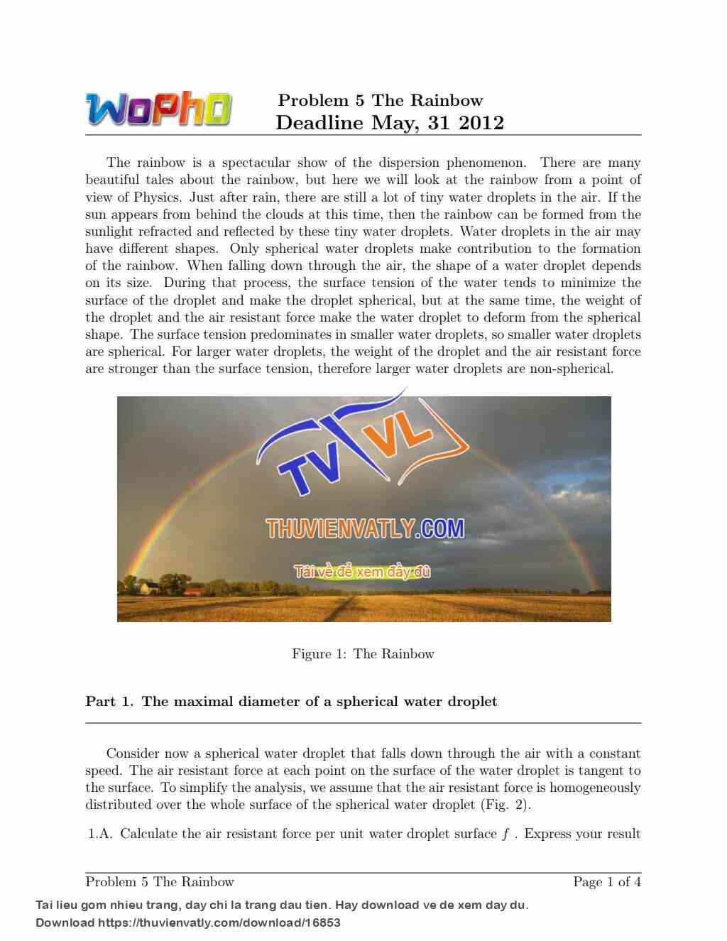 WophO: Problem 5 The Rainbow (Hiện tượng cầu vồng)Deadline May, 31 2012