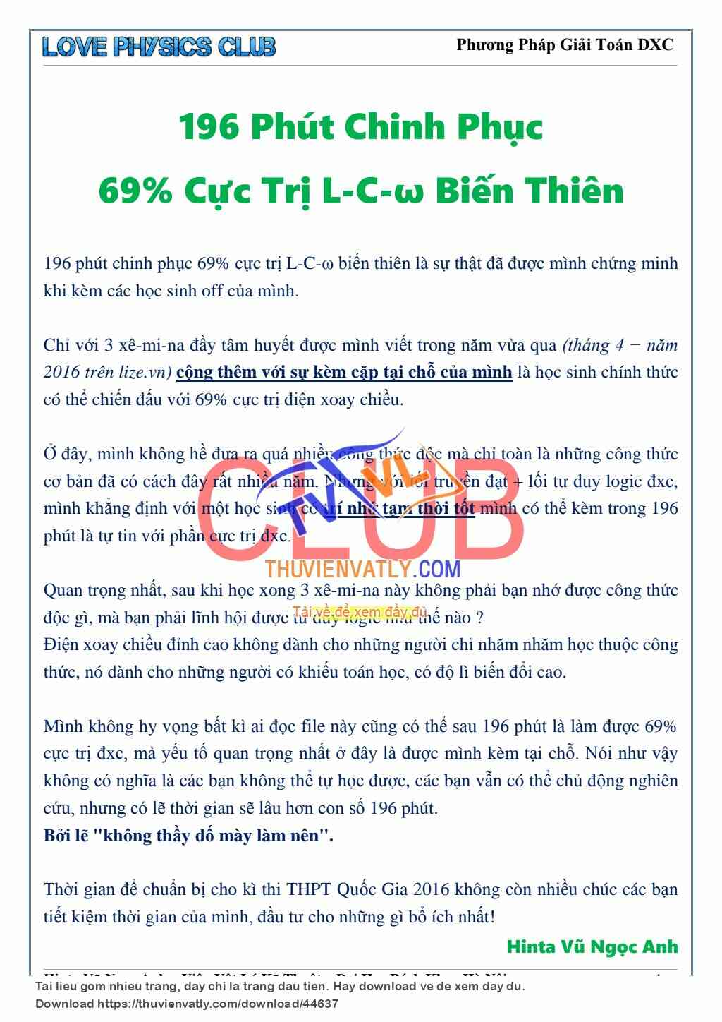 196 Phút Chinh Phục Cực Trị L-C-w biến thiên