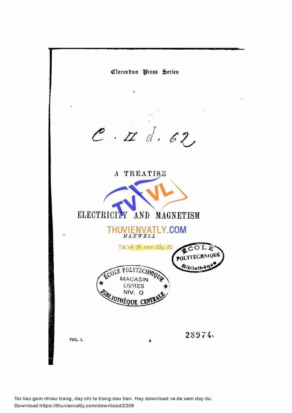 Luận văn về Điện và Từ của J C Maxwell  (Tập 1) (En)