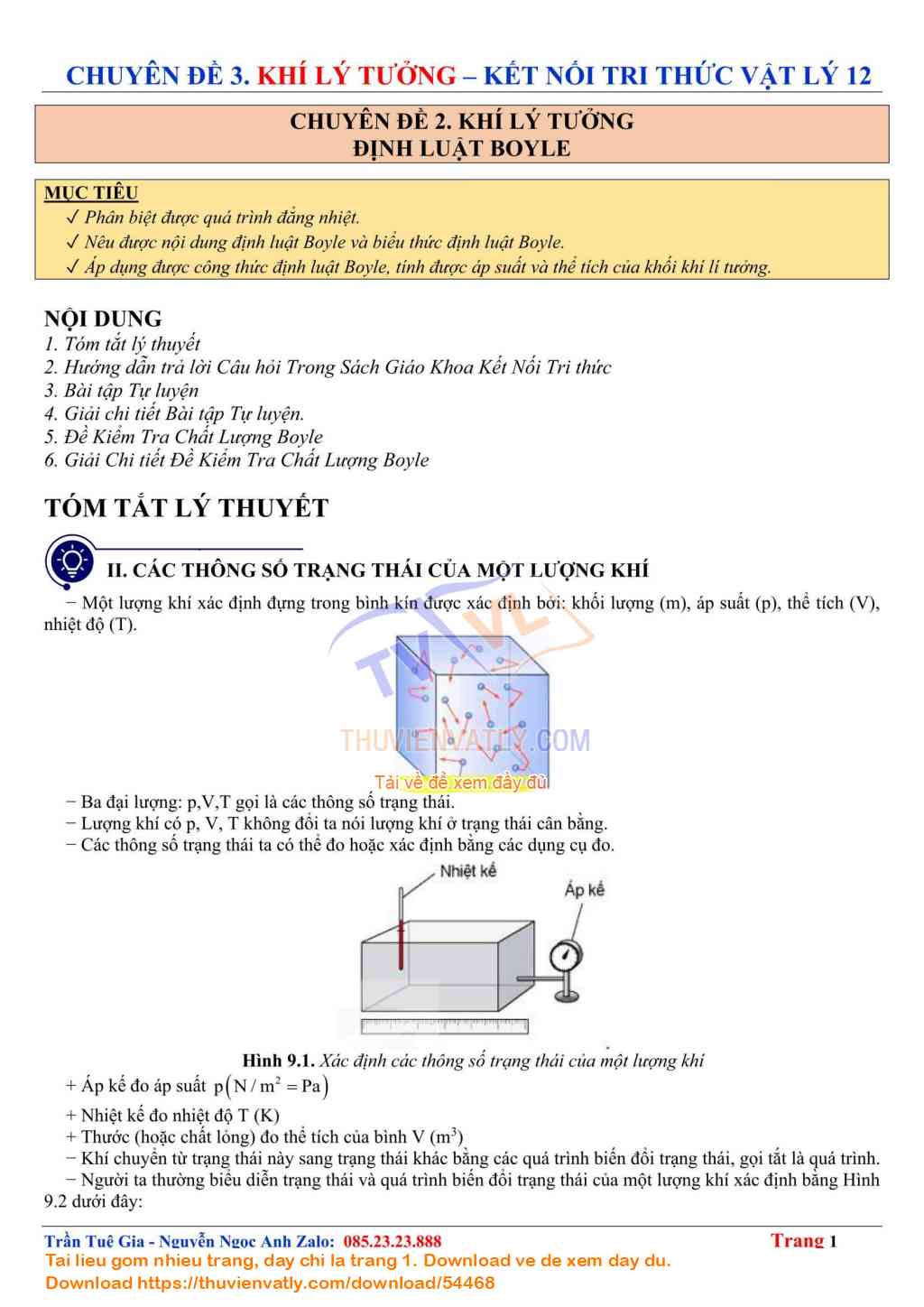 Định luật Boyle Lý thuyết và Bài tập Trọng tâm - Chương 2. Khí lý tưởng - Vật lý 12 Kết nối Tri thức với Cuộc sống