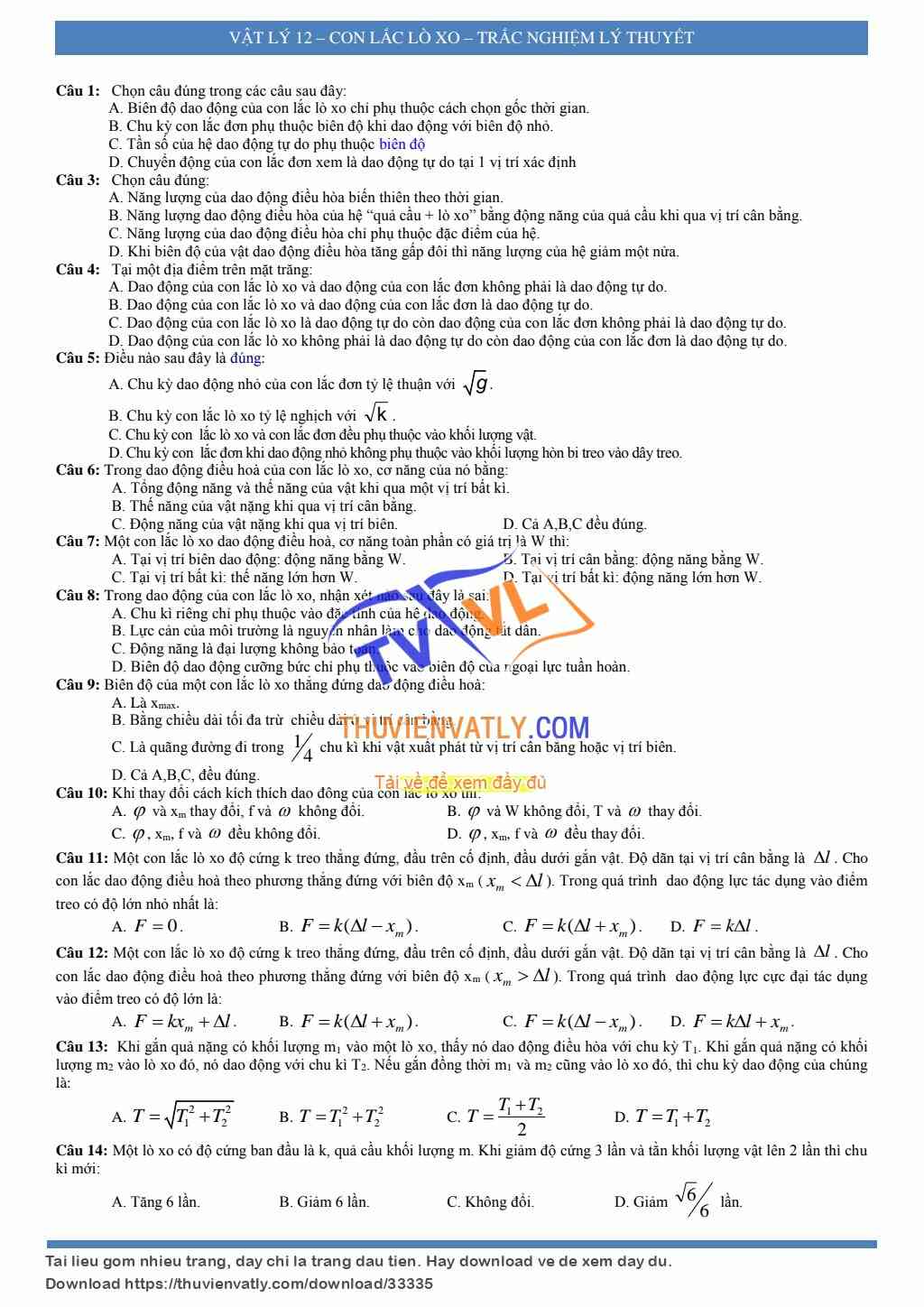Vật lý 12-con lắc lò xo - Trắc nghiệm Lý Thuyết