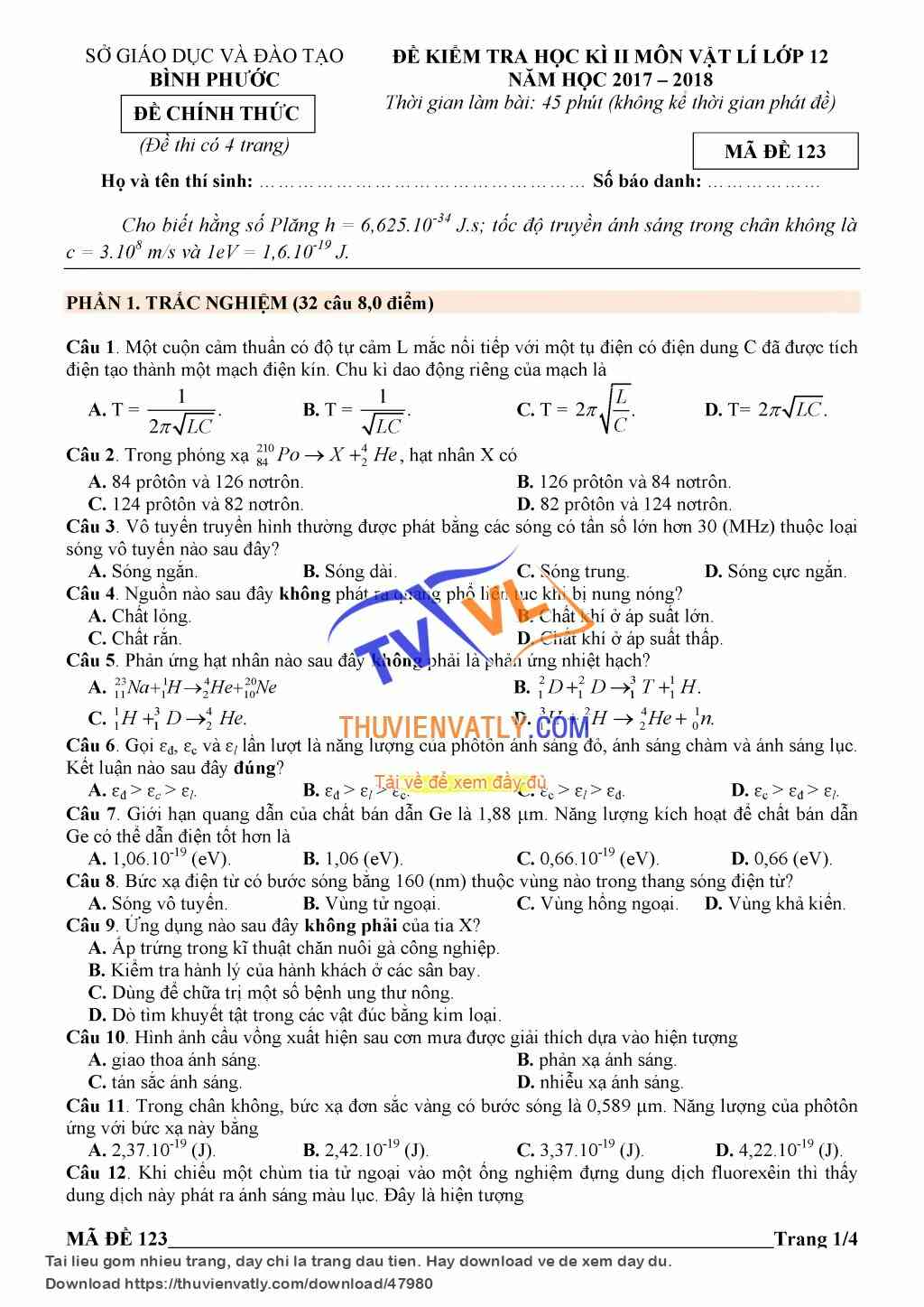 Đề thi HKII lý 12 Bình Phước năm học 2017 - 2018