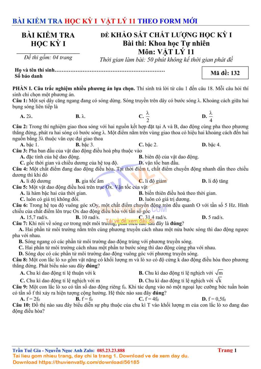 Bài Kiểm Tra Học Kỳ 1 Vật lý 11 lần 05 - Theo Minh hoạ Của Bộ Giáo dục và Đào tạo