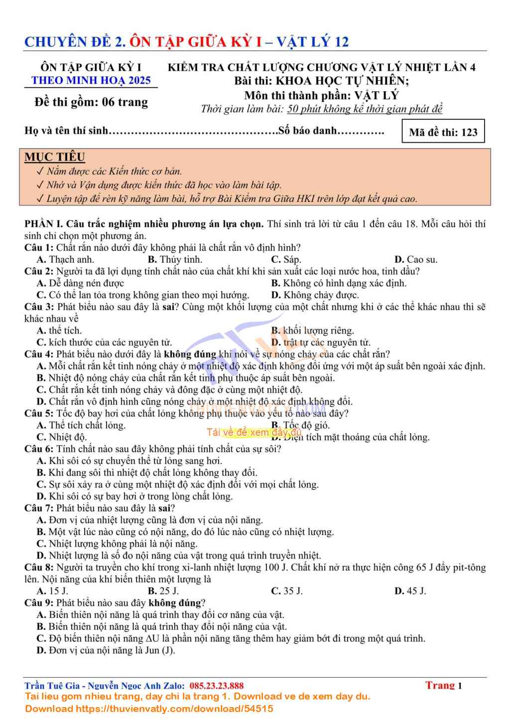 Bài Kiểm Tra Giữa Kỳ 1 - Vật lý 12 lần 4 - Theo Minh hoạ Của Bộ Giáo dục và Đào tạo