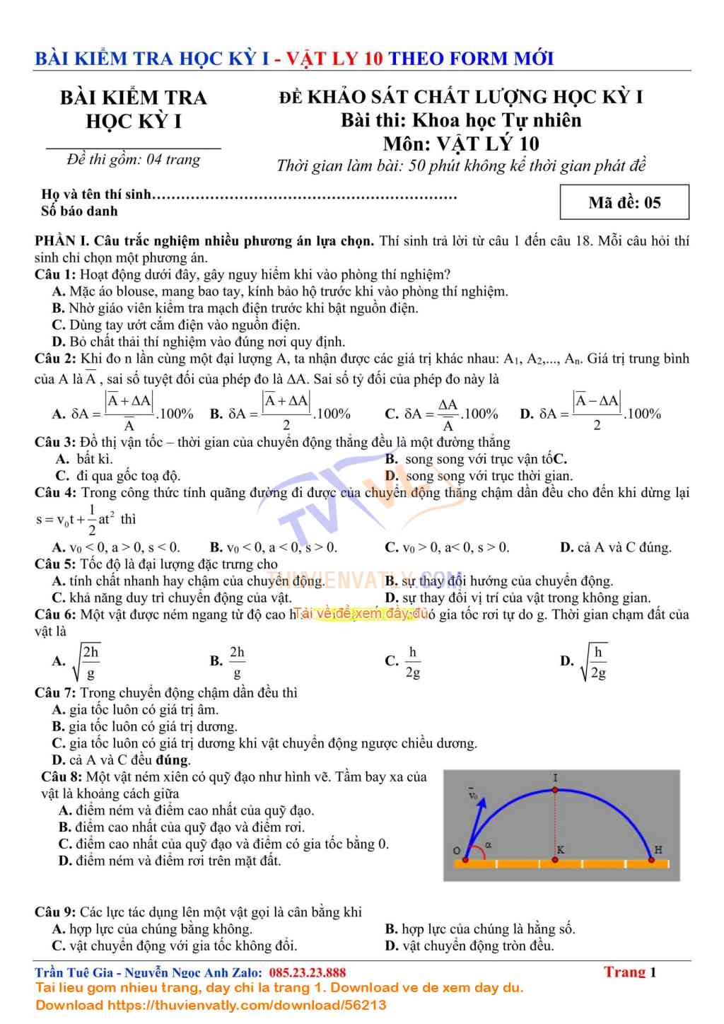 Bài Kiểm Tra Học kỳ 1 Vật lý 10 lần 05 - Theo Minh hoạ Của Bộ Giáo dục và Đào tạo