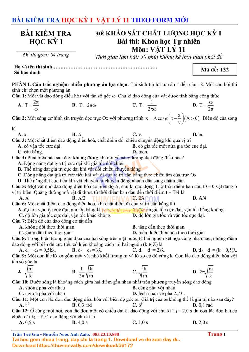 Bài Kiểm Tra Học Kỳ 1 Vật lý 11 lần 01 - Theo Minh hoạ Của Bộ Giáo dục và Đào tạo