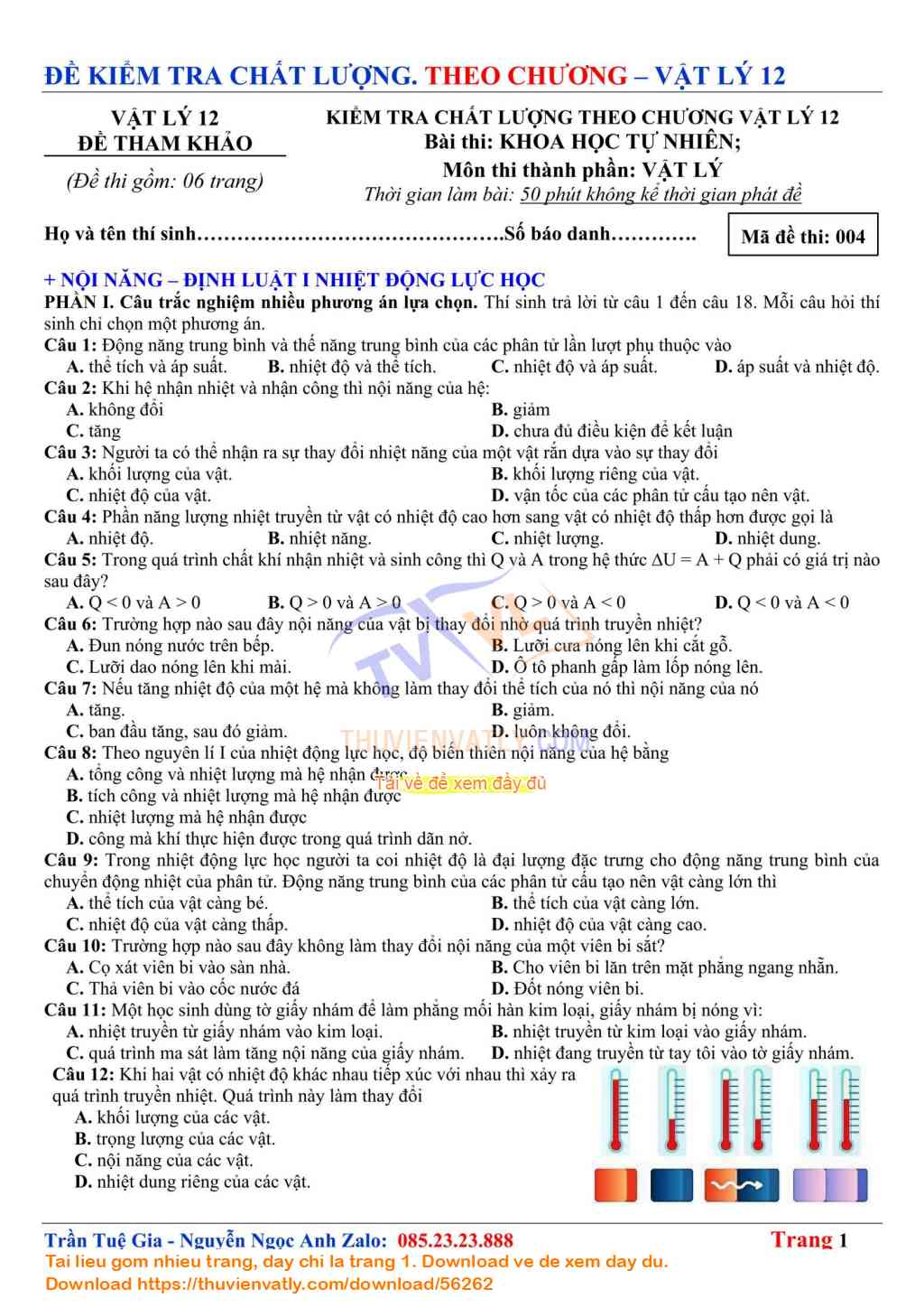 Đề Khảo sát Chất lượng Nội năng - Định luật I Nhiệt động lực học - Vật lý 12 - Chương I. Vật lý nhiệt