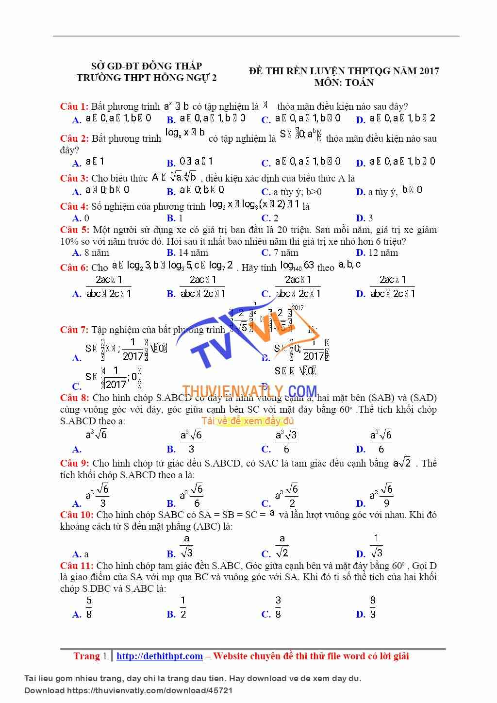 THPT Hồng Ngự 2, Đồng Tháp môn Toán - Lần 1 - Năm 2017 - File word có lời giải