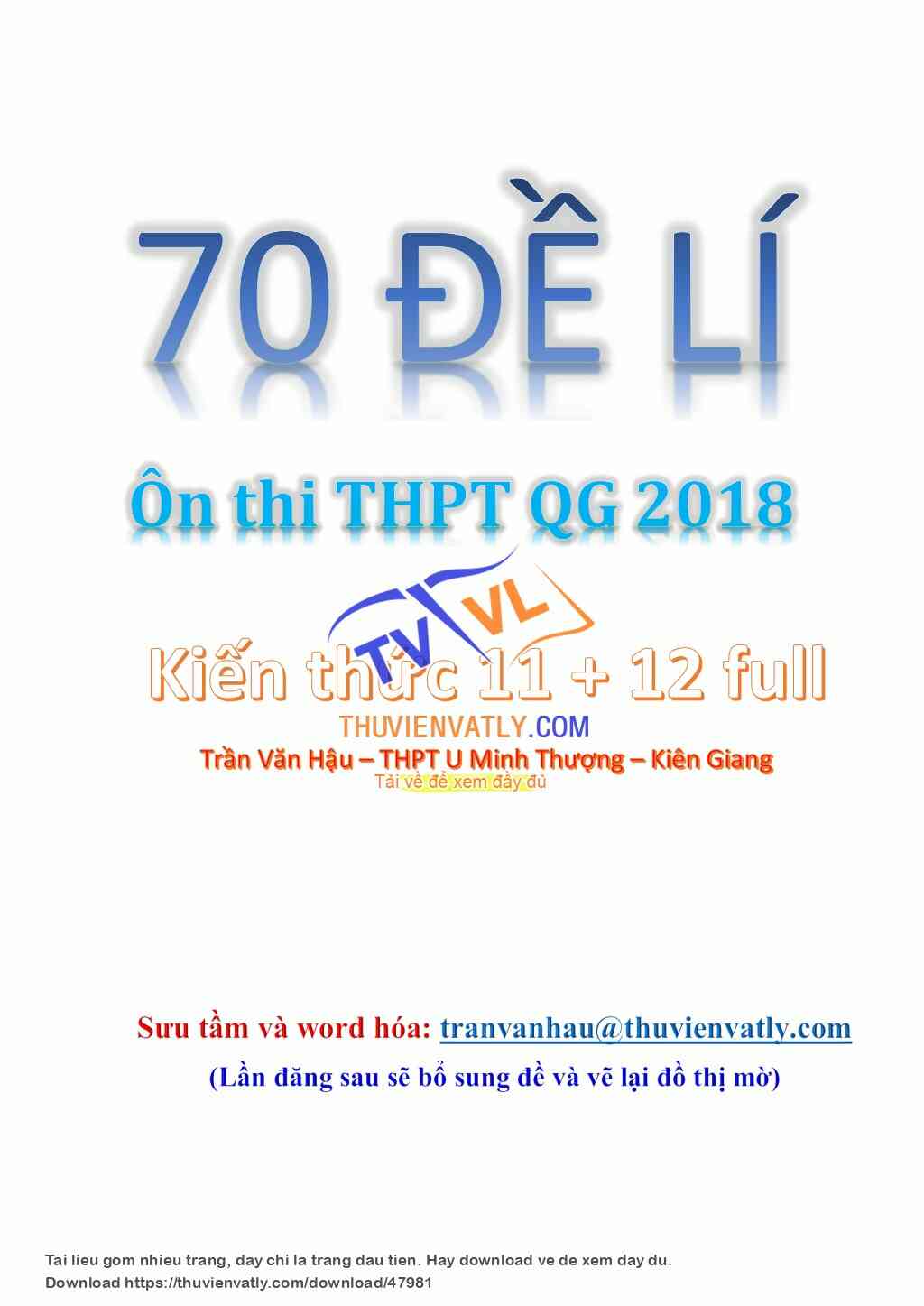 Tổng hợp 70 đề ôn thi THPT QG lí 2018