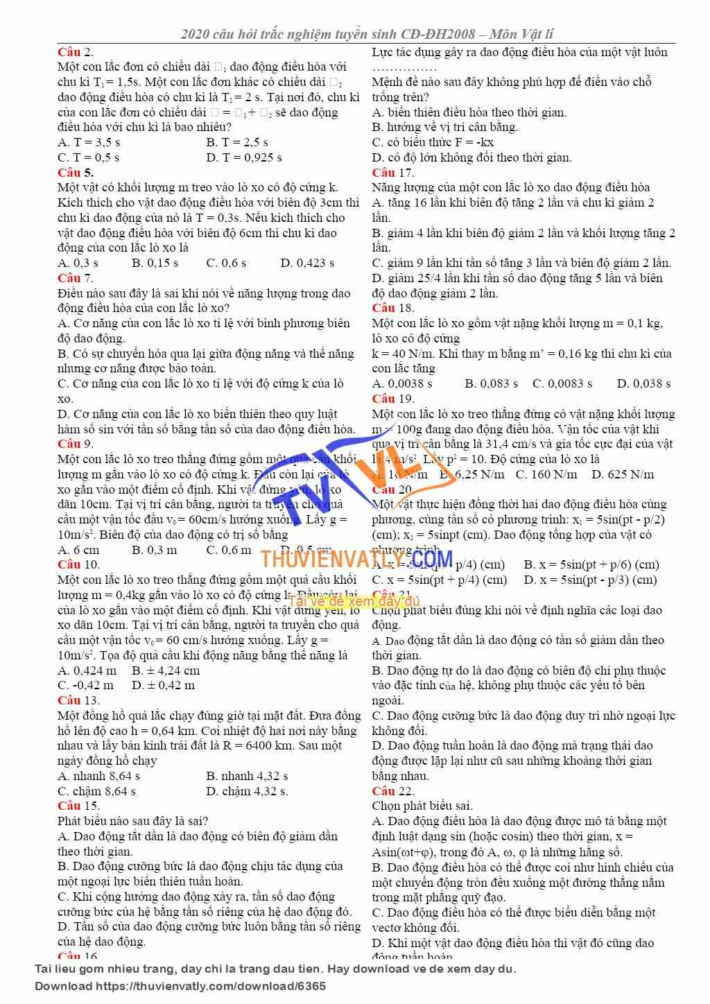 713 câu trắc nghiệm Vật Lý 12