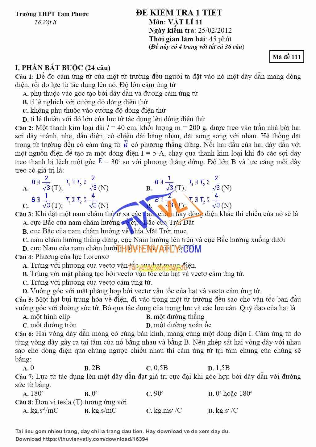 Đề kiểm tra 1 tiết học kì 2 Vật lí 11 - THPT Tam Phước