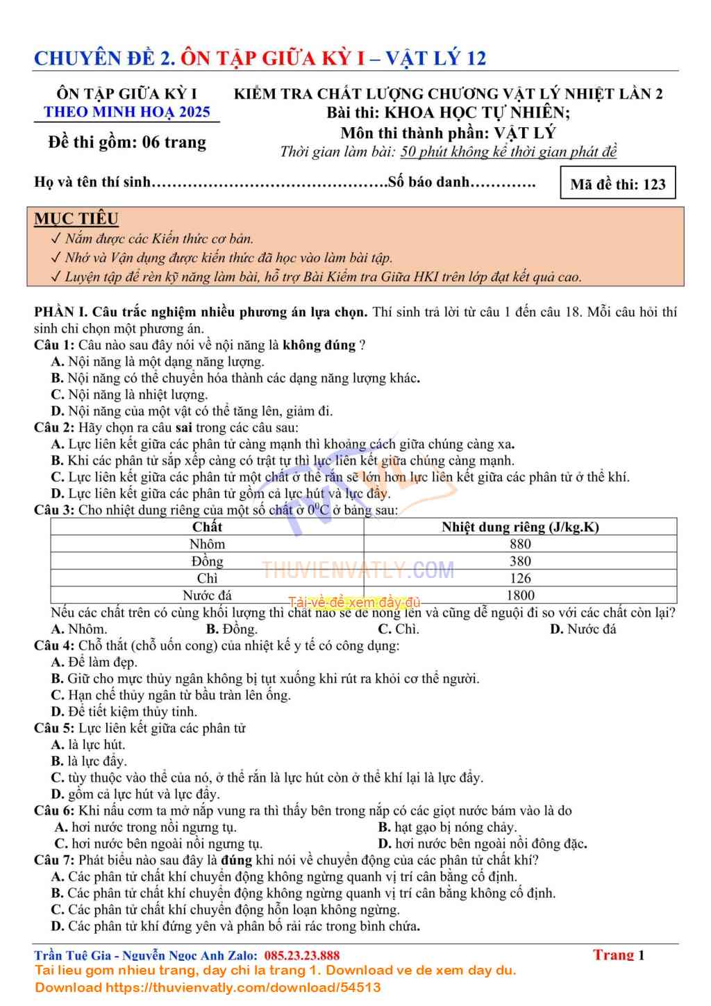 Bài Kiểm Tra Giữa Kỳ 1 - Vật lý 12 lần 2 - Theo Minh hoạ Của Bộ Giáo dục và Đào tạo