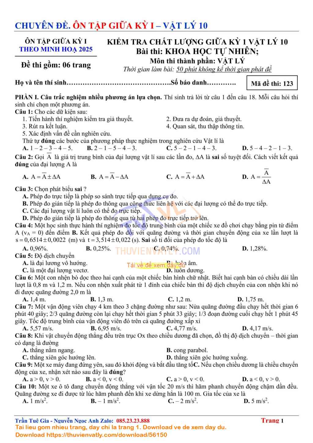 Bài Kiểm Tra Giữa Kỳ 1 Vật lý 10 lần 9 - Theo Minh hoạ Của Bộ Giáo dục và Đào tạo