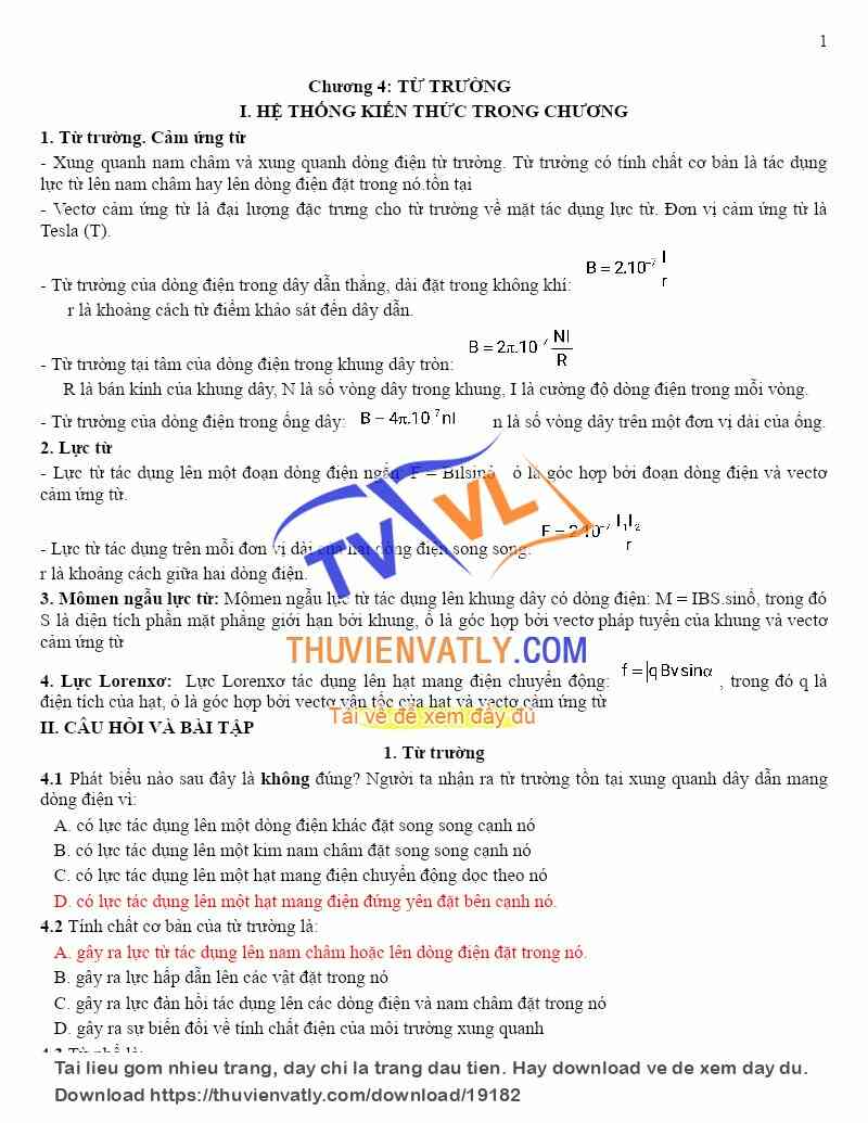 Lí thuyết và bài tập chương 4-5-6-7 Vật lí 11