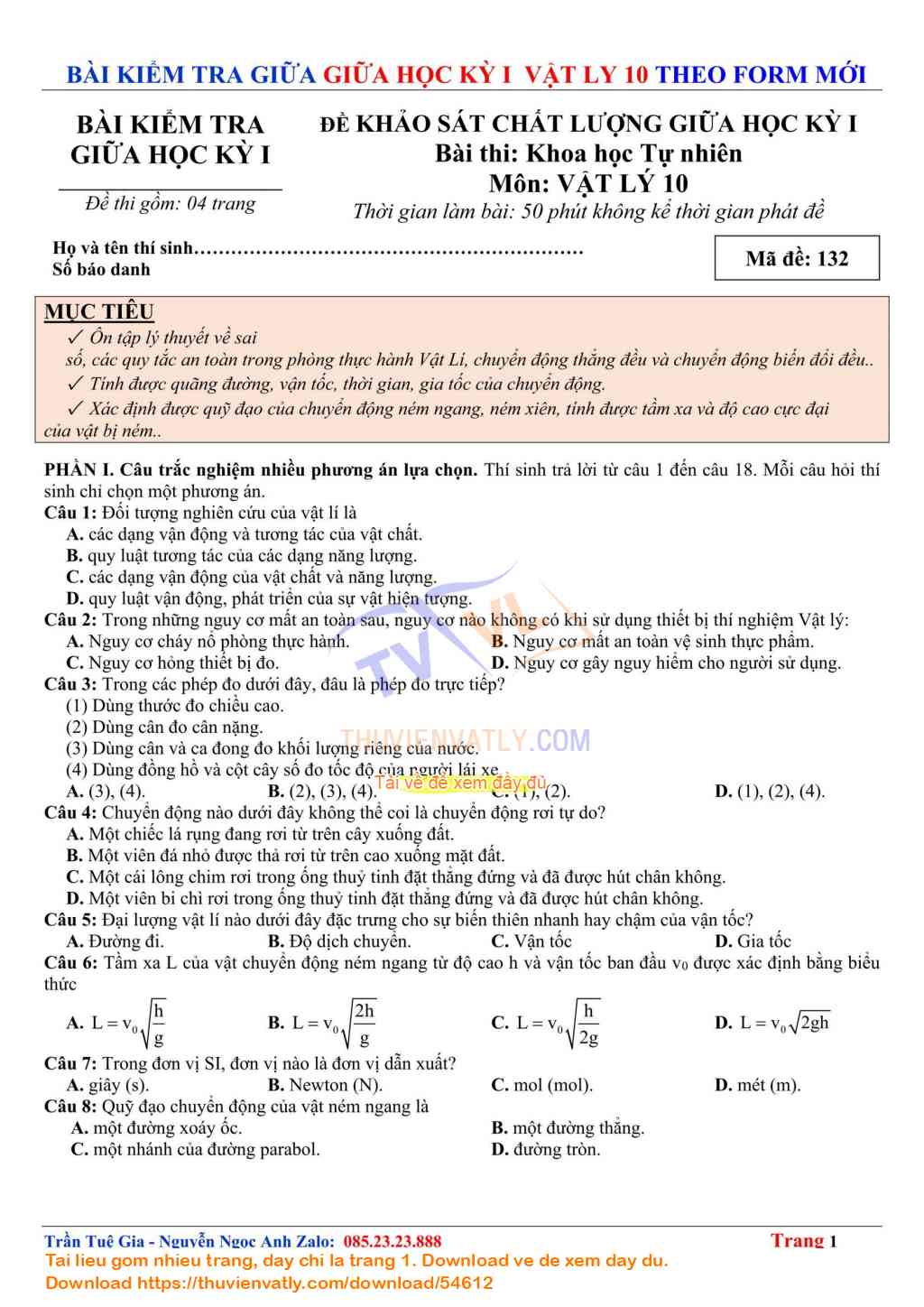 Bài Kiểm Tra Giữa Kỳ 1 Vật lý 10 lần 1 - Theo Minh hoạ Của Bộ Giáo dục và Đào tạo