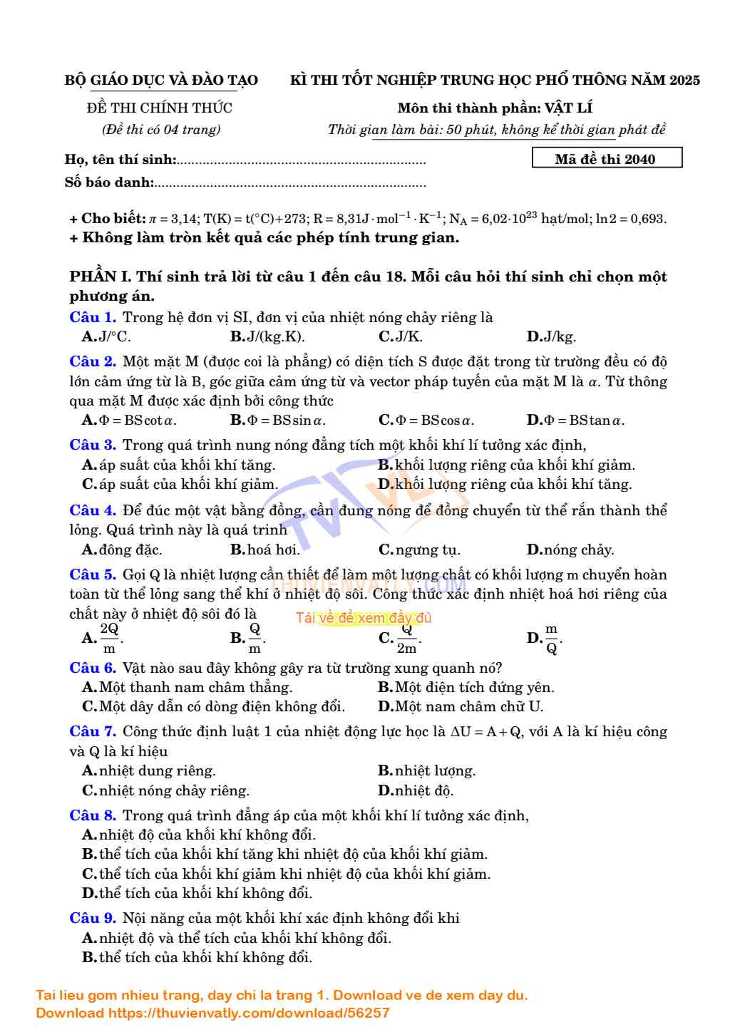 ĐỀ THI THPT MÔN VẬT LÍ 2025