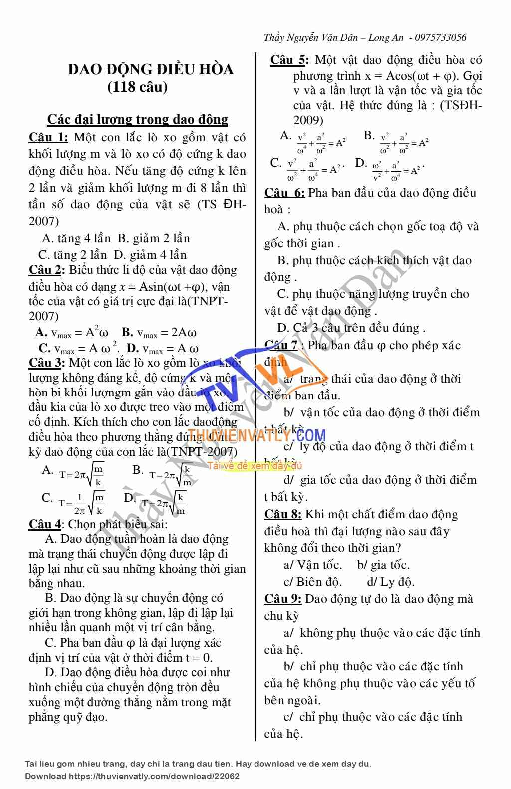 600 câu trắc nghiệm lý thuyết Vật lý 12. có phân dạng và đáp án