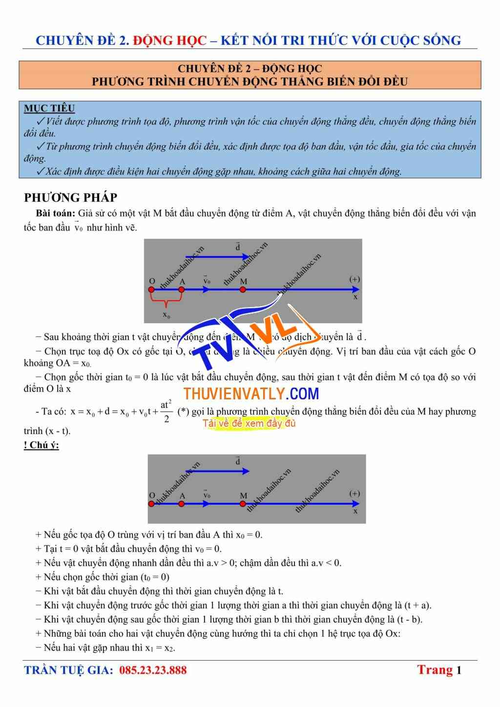 Phương trình Chuyển động thẳng Biến đổi đều - Chương 2 (Động học) - Kết nối Tri thức Vật lý 10
