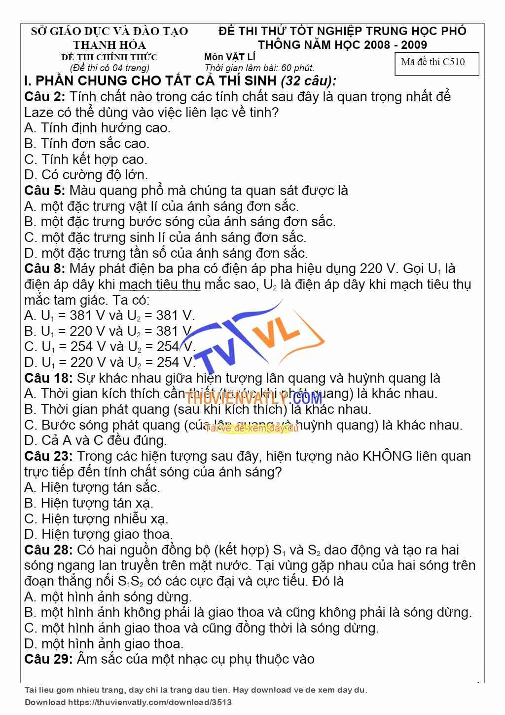 Bàn về đề thi thử TN 2009 của tỉnh Thanh Hóa