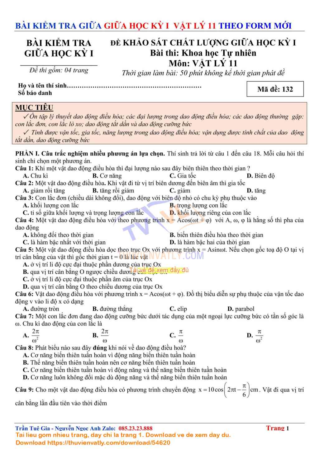 Bài Kiểm Tra Giữa Kỳ 1 Vật lý 11 lần 5 - Theo Minh hoạ Của Bộ Giáo dục và Đào tạo