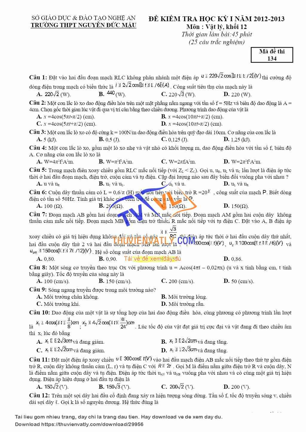 Đề kiểm tra học kỳ 1 vật lý 12 (THPT Nguyễn Đức Mậu)