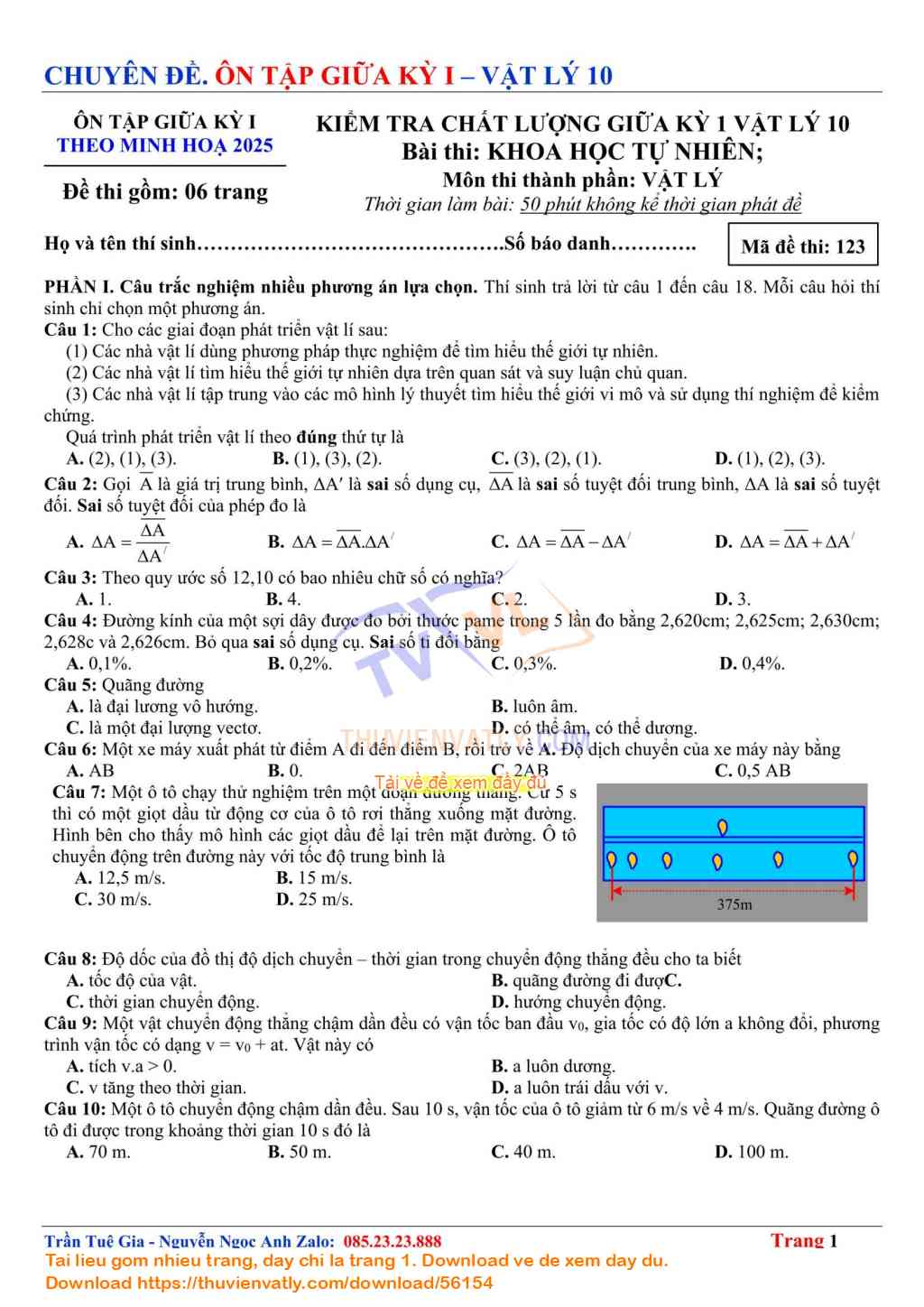 Bài Kiểm Tra Giữa Kỳ 1 Vật lý 10 lần 10 - Theo Minh hoạ Của Bộ Giáo dục và Đào tạo