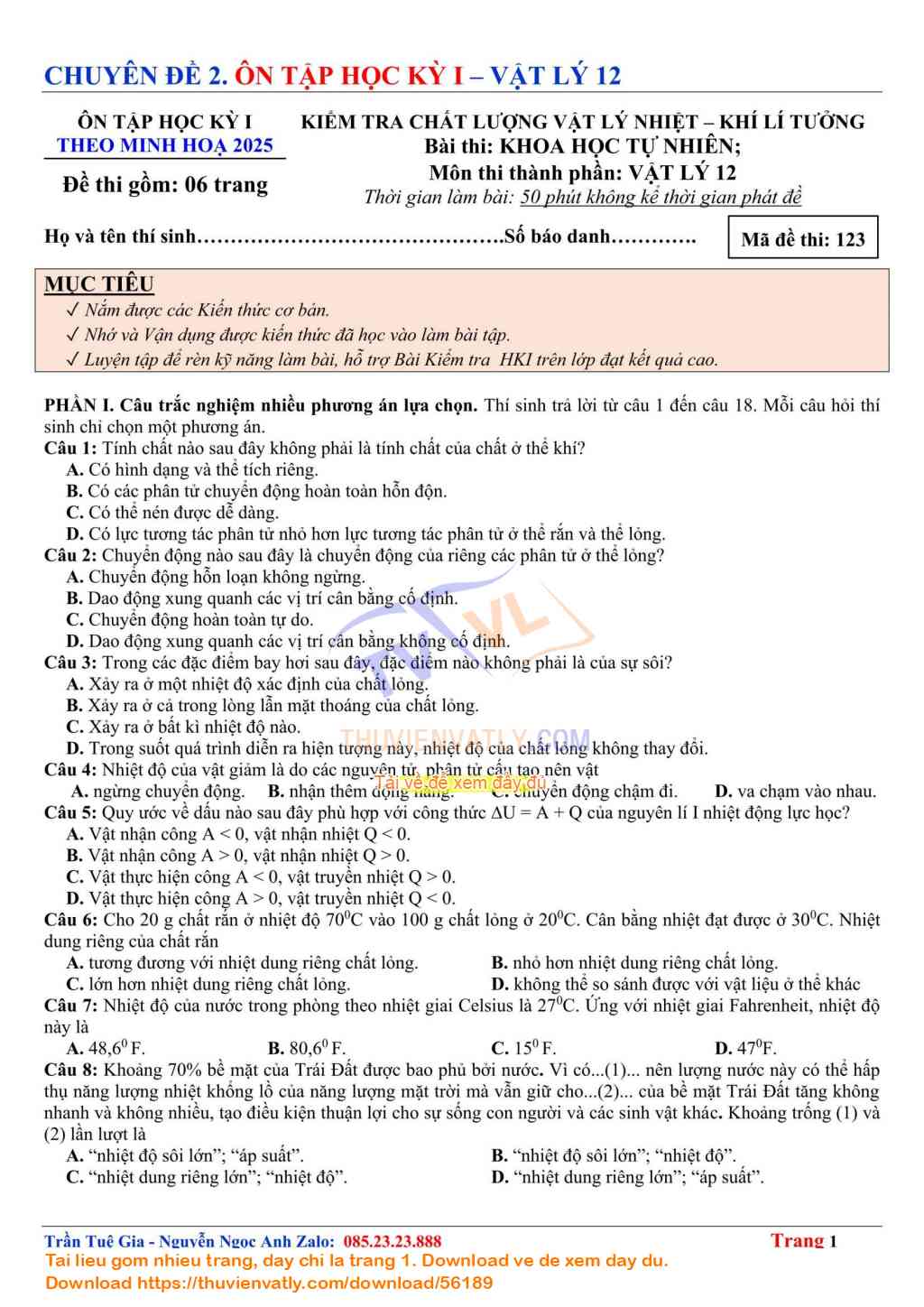 Bài Kiểm Tra Học Kỳ 1 Vật lý 12 lần 07 - Theo Minh hoạ Của Bộ Giáo dục và Đào tạo