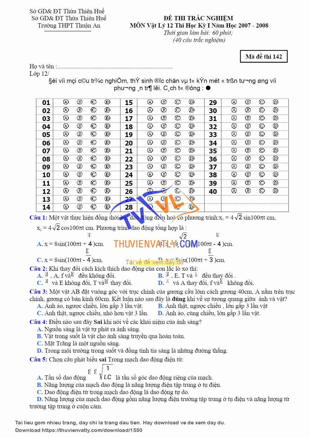 Đề thi thử HKI lớp 12 | THPT THuận An, Huế (Lê Thanh Sơn)